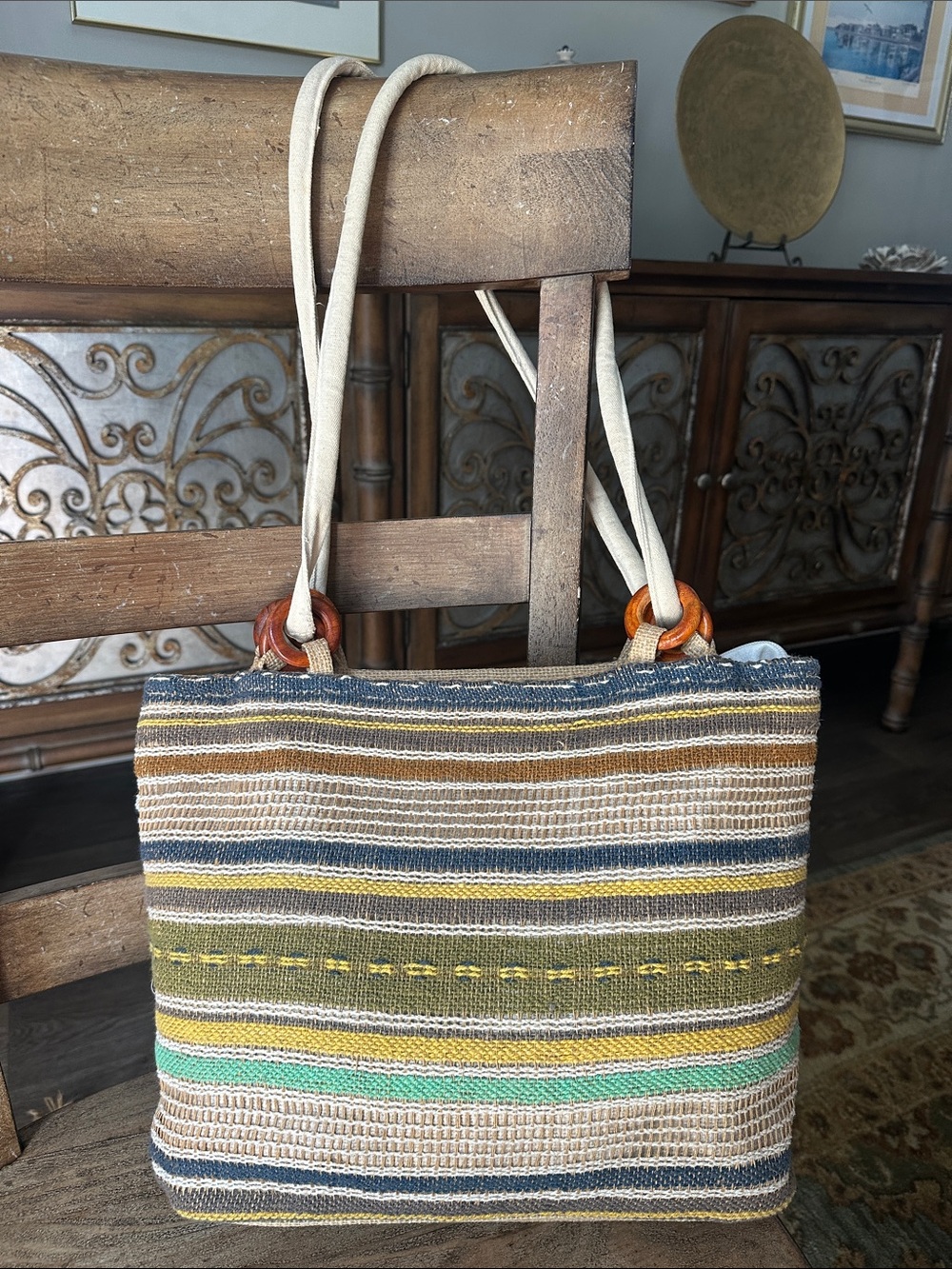 Bohemian-Style Woven Striped Tote Bag